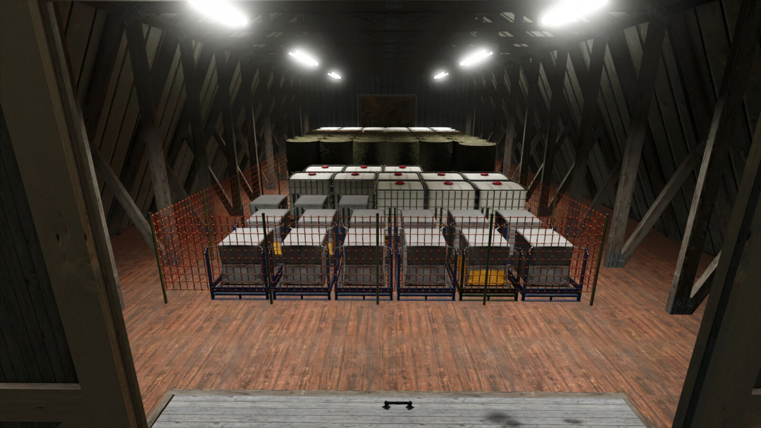 Inside an attic, a modded storage area in Farming Simulator 25 featuring hay bales, water tanks, and animal feed stored behind a safety fence.