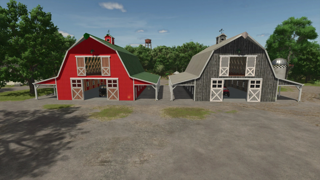 American Barn With Storage mod from Farming Simulator 25, featuring a red and gray barn with parking for vehicles and storage inside.