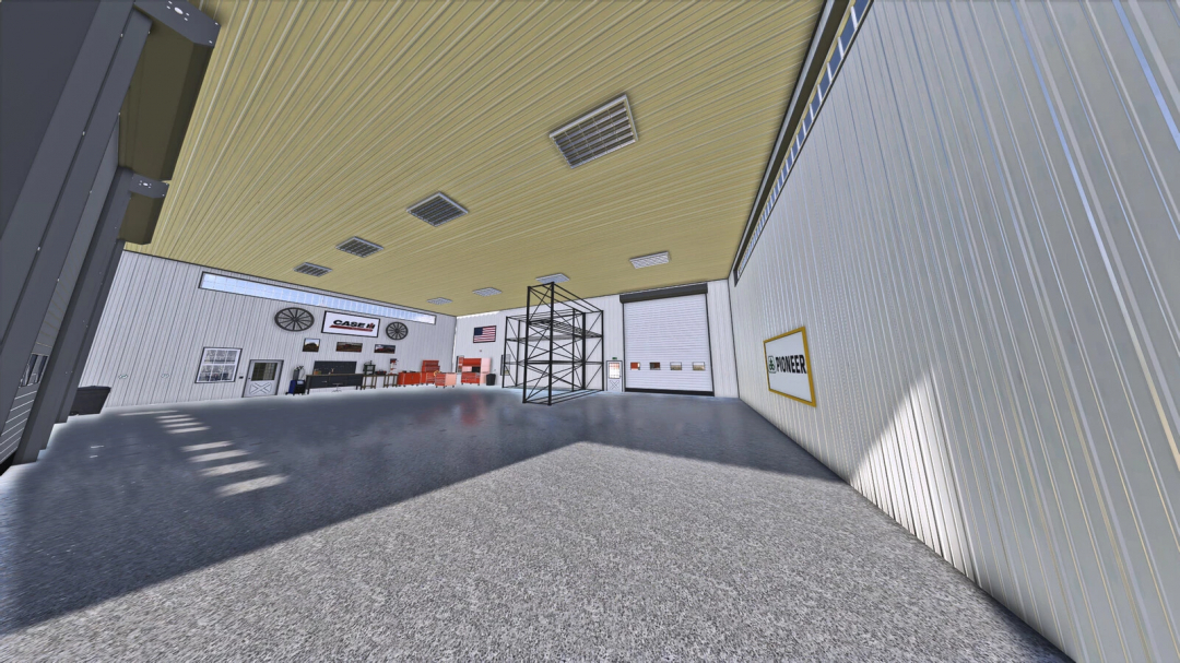 Interior view of a farming equipment workshop in Farming Simulator 25 with tools and storage shelves, showcasing the American Midwest Shouse mod.