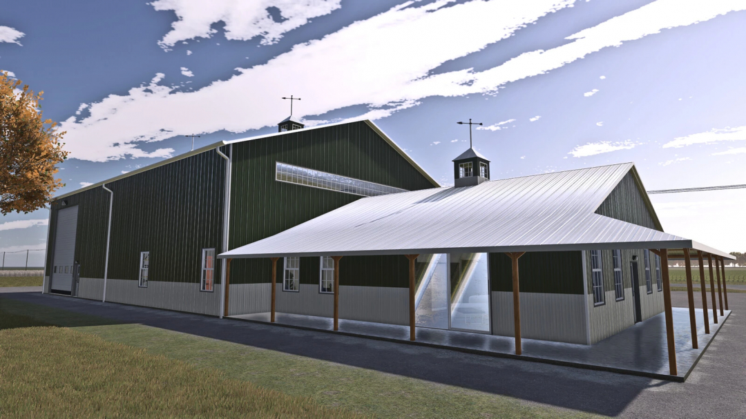 Farming Simulator 25 mod: American Midwest Shouse with metal roofing, barn-style design, perfect for farming storage in FS25.