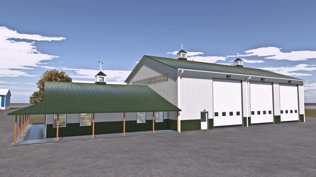 Farming Simulator 25 mod depicting a large American Midwest style barn with green roof and white siding, part of FS25 mods.