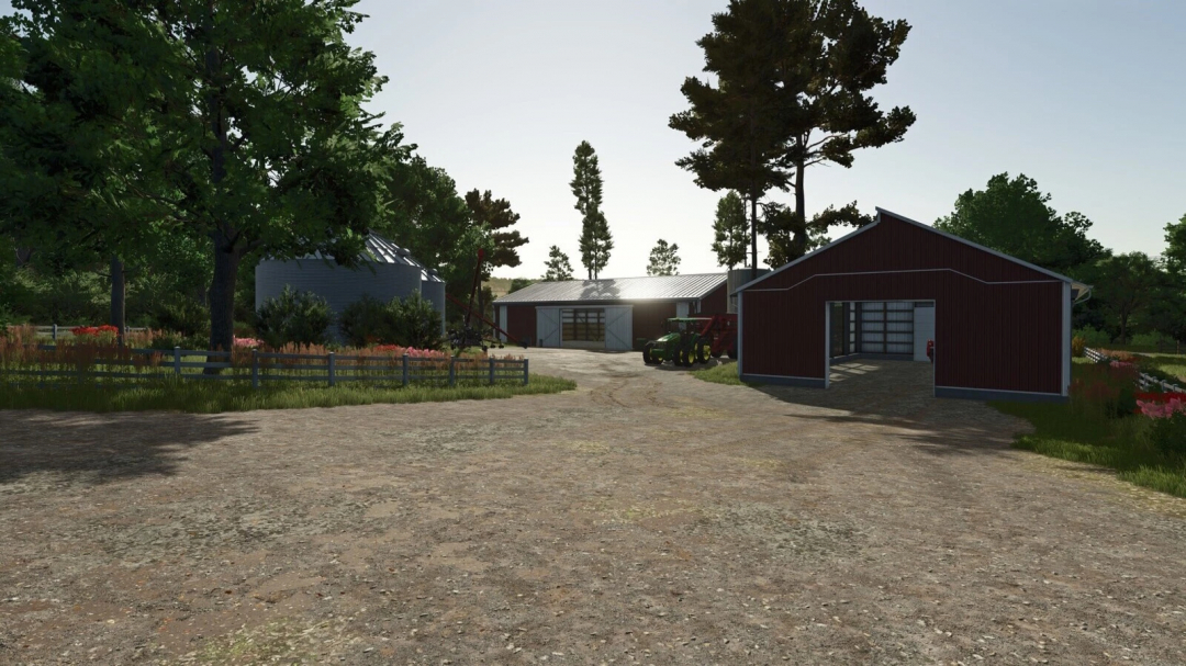 Farming Simulator 25 mod image of a farmyard with red and gray sheds, tractor, trees, and gravel driveway, part of the American Shed Pack v1.0.0.0.