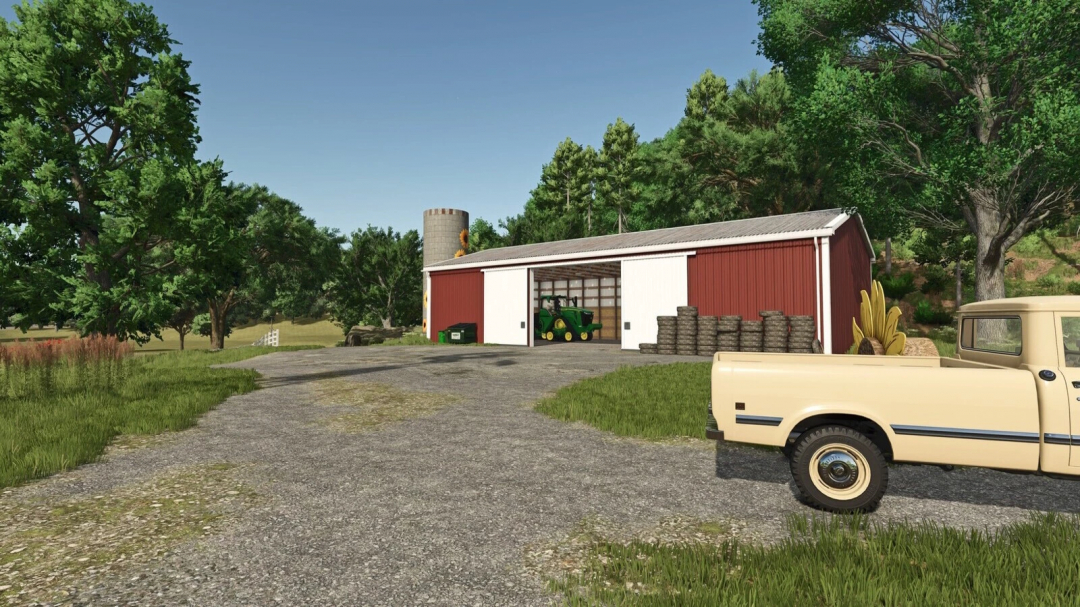 Farming Simulator 25 mods: American Shed Pack v1.0.0.0 on a farm with a red barn, tractor, and stacks of tires, surrounded by trees.