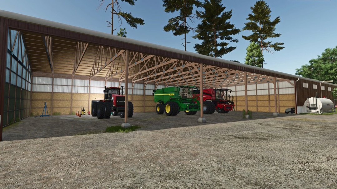 Farming Simulator 25 mods: inside a large barn with tractors and farming equipment, part of the American Shed Pack mod v1.0.0.0.