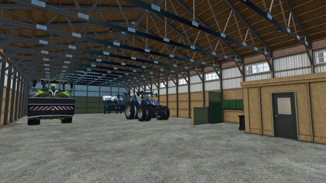Interior of a farm shed in Farming Simulator 25 with tractors and implements, featuring the American Shed Pack mod.