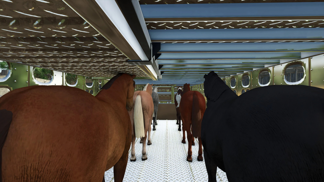 Inside a Farming Simulator 25 mod, animals are transported in a trailer with multiple horses shown from the back view.