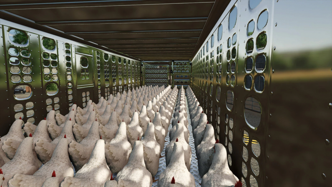 Farming Simulator 25 mod showing a trailer for transporting chickens, part of the Animal Transport Trailer Pack v1.0.0.0.