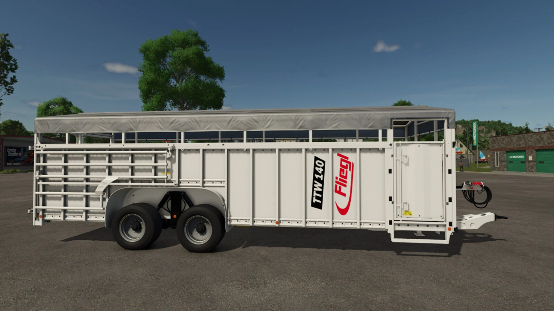 Farming Simulator 25 mod: White animal transport trailer featuring 'Fitech' branding, part of the Animal Transport Trailer Pack v1.0.0.0.