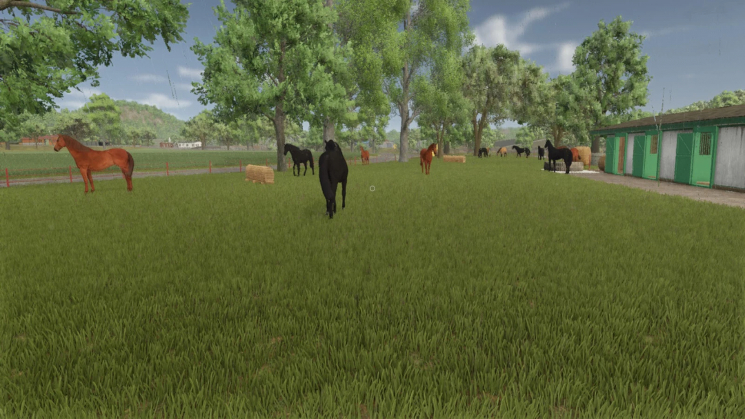 Farming Simulator 25 mod showcasing a lush horse paddock with various horses and green shelters, featuring the Auto Horse Care v1.0.0.0 mod.