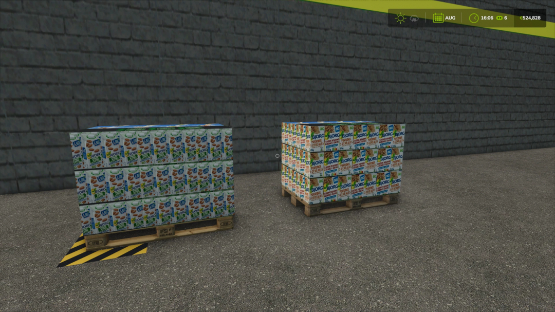 Pallets of Bioorganic cereal products mod in Farming Simulator 25, showcasing stacked cereal boxes on pallets against a brick wall.