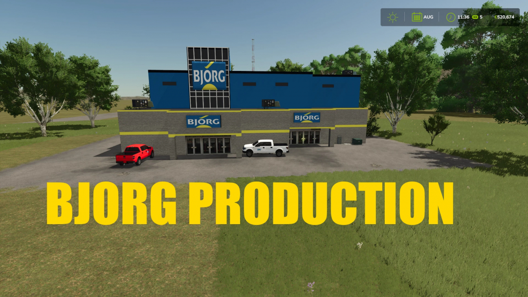 Farming Simulator 25 mod: BJORG PRODUCTION building with vehicles in front, large blue sign, trees and grassy field, realistic graphics.