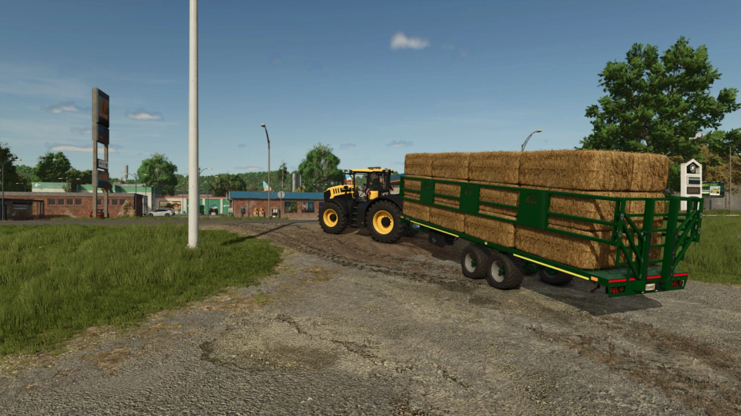 Farming Simulator 25 mods: tractor pulling Bailey Bale and pallet trailer pack with hay bales on a farm trail.
