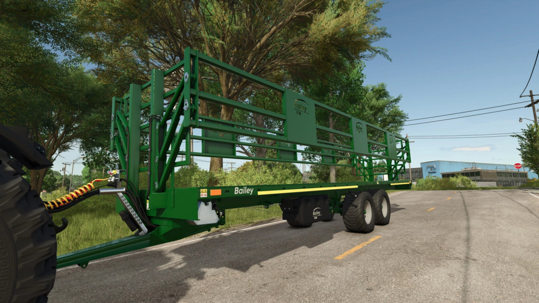 Farming Simulator 25 mod: Bailey Bale and Pallet Trailer Pack v1.0.0.1 on a rural road with trees in the background.