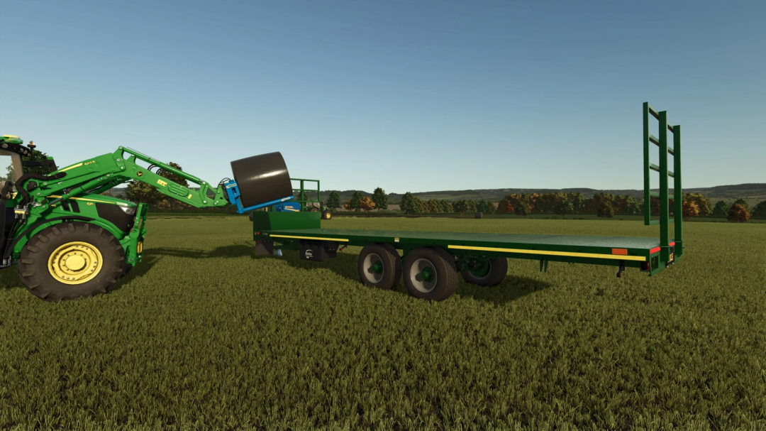 Farming Simulator 25 mods: Green Bailey Bale and Pallet Trailer pack attached to a tractor on a field