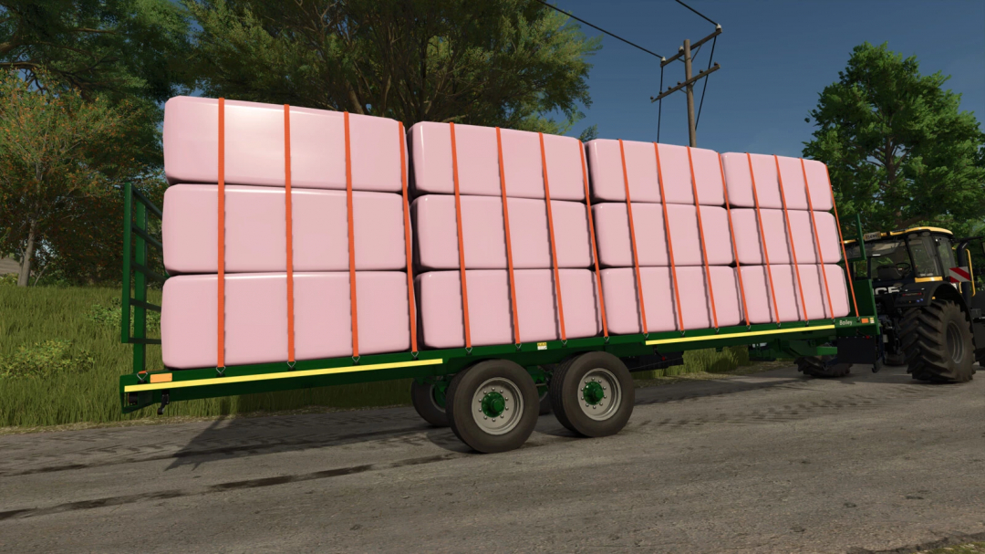 Farming Simulator 25 mod: Bailey Bale and Pallet Trailer Pack v1.0.0.1 with pink bales on a green trailer, attached to a tractor.