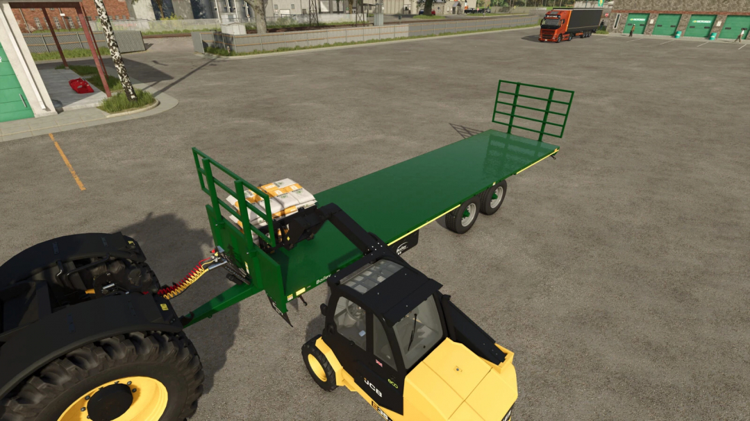 Farming Simulator 25 mod: Bailey Bale and Pallet Trailer Pack v1.0.0.1 with a green flatbed trailer attached to a tractor.
