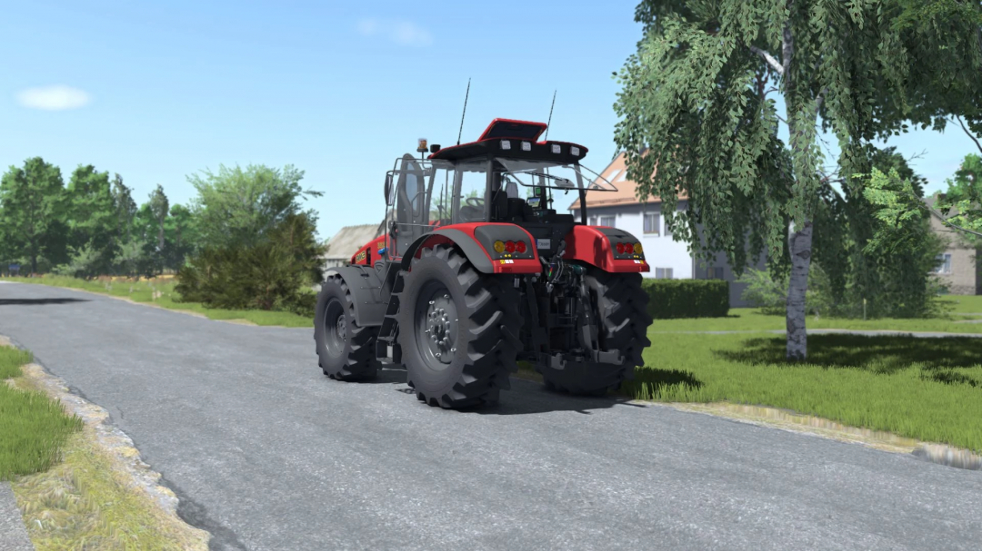 Farming Simulator 25 mod: Belarus 3522 tractor on a rural road with trees and houses in the background.