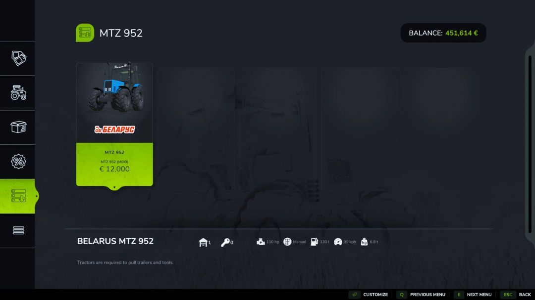 Screenshot of Farming Simulator 25 mods menu showing the Belarus 852.2 v1.0.0.0 mod, a tractor for Farming Simulator 25, priced at €12,000.
