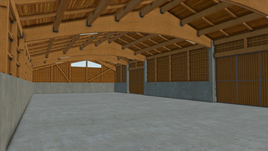 Farming Simulator 25 mod; interior view of a large wooden machine hall for storage and equipment, from Big Machine Hall v1.0.0.0.