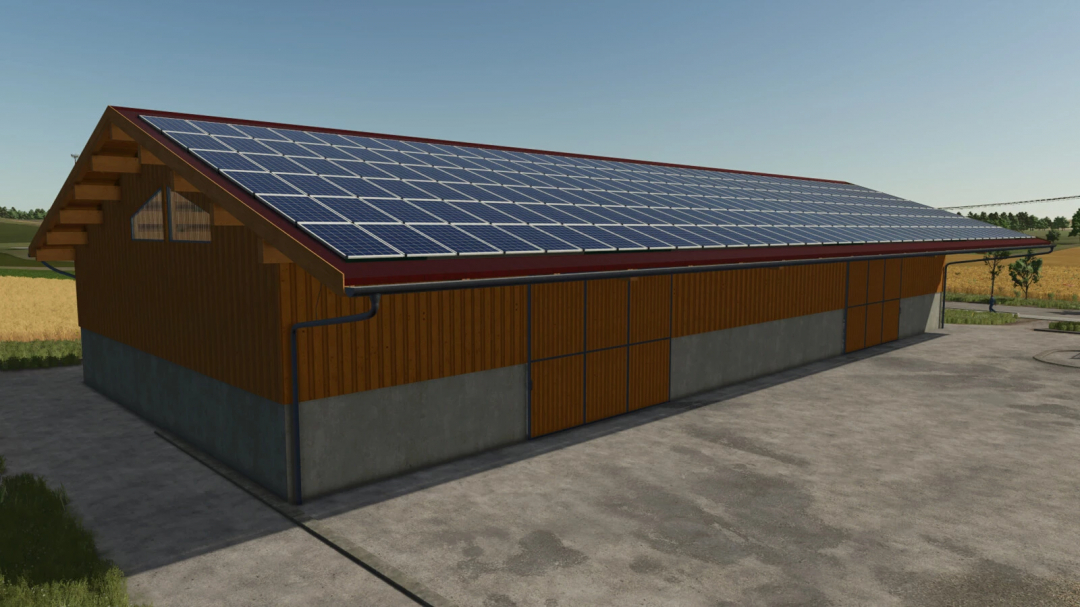Farming Simulator 25 mod: Big Machine Hall v1.0.0.0 with solar panels on the roof, ideal for farming storage in FS25.