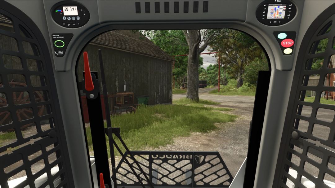 Inside view of a Farming Simulator 25 mod, showing the cabin of a Bobcat 770 M3 with control panels, gauges, and an outdoor scene with trees and a shed.