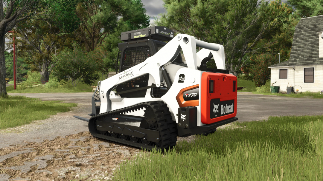 Farming Simulator 25 mod: Bobcat T770 compact track loader with attachment, in a rural outdoor setting.