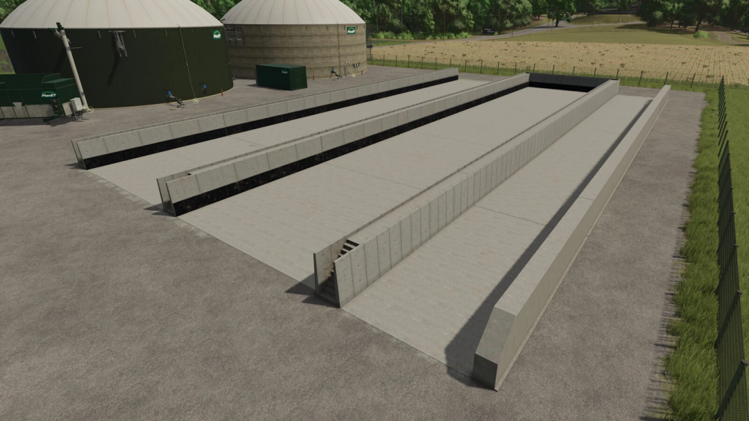 Silo storage area with concrete walls and retractable black covers, part of the Bunkersilo Pack v1.0.0.0 mod for Farming Simulator 25.