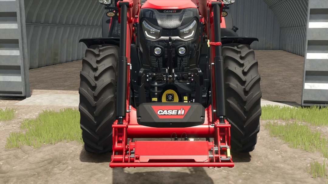 Front view of a red CASE IH tractor with a CNH Front Loader Pack mod for Farming Simulator 25, showing large tires and detailed cabin.