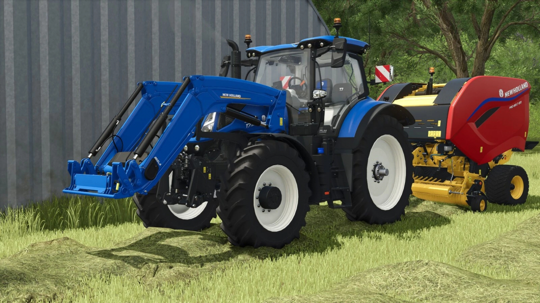 Farming Simulator 25 mod: New Holland tractor with front loader and baler attachment for FS25 mods.