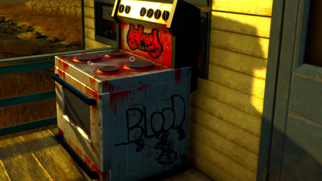 Blood-stained pinball machine with graffiti, located outside a wooden building in Farming Simulator 25, part of the Coca Plant Production Pack mod.
