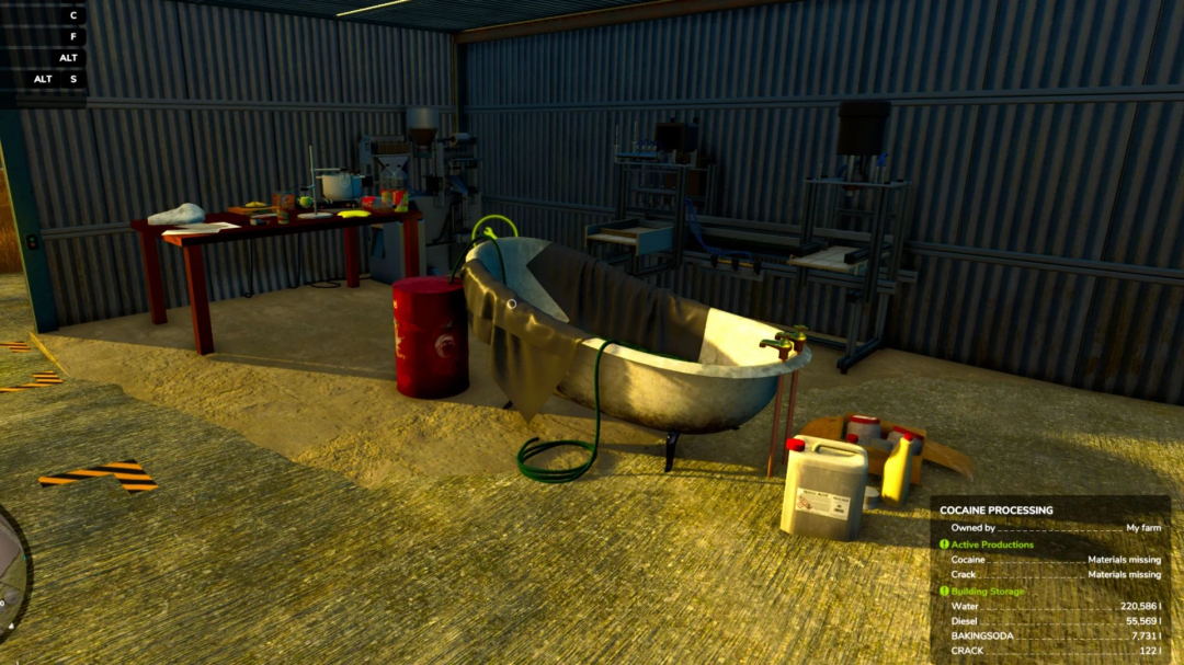 Farming Simulator 25 mod scene showing a makeshift cocaine processing setup with bathtub, chemicals, and equipment inside a storage shed.