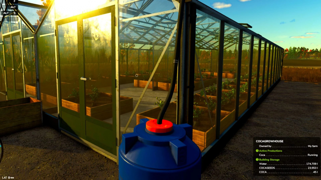 Greenhouse with young plants inside, connected to a water sprinkler for Coca plant production in Farming Simulator 25 mods.