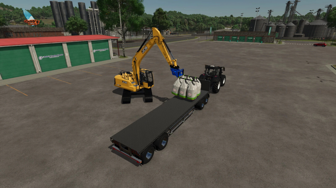 Farming Simulator 25 mods: Excavator with Conquip Forks loading bags onto a flatbed truck.
