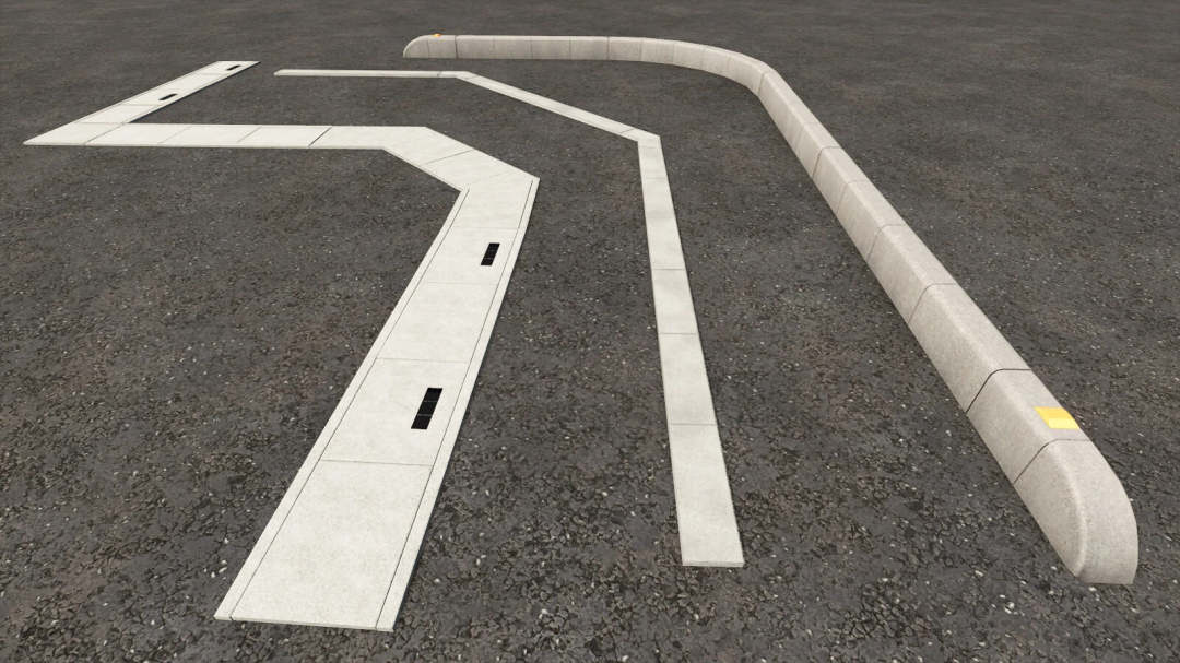 Curbstone Fence Pack v1.0.0.0 in Farming Simulator 25, featuring road curbs and barrier fencing for realistic landscaping mods.