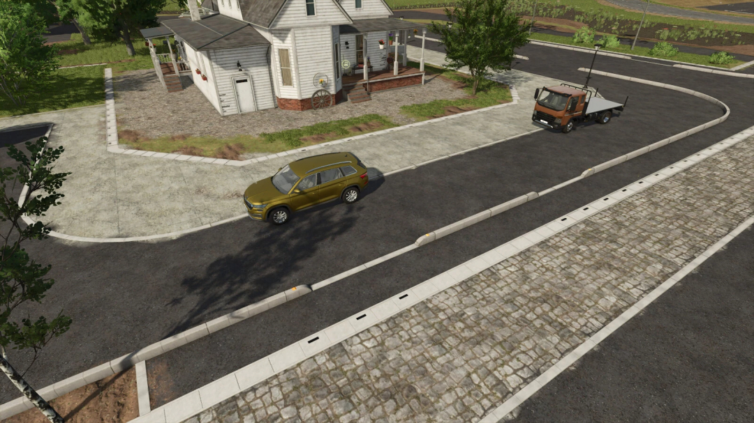 In Farming Simulator 25, a residential street shows a green SUV parked near a white house with a porch and two trucks on the road.