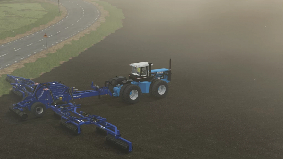 Farming Simulator 25 mod: Blue Dalbo MegaRoll 2430 Rust Edition tractor with cultivator on farmland