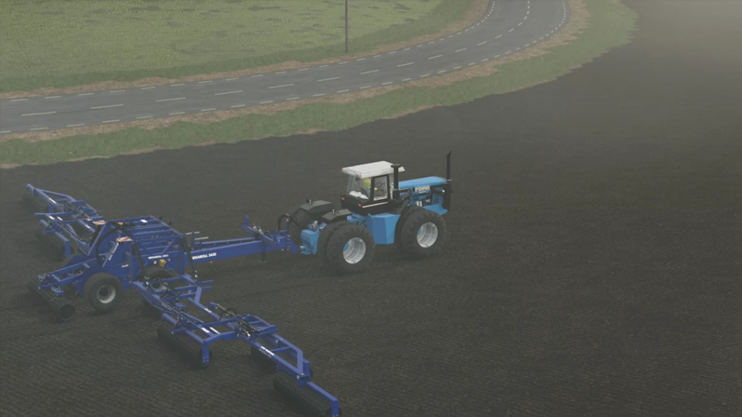 Farming Simulator 25 mod showcasing a blue tractor with a Dalbo MegaRoll 2430 Rust Edition attached, plowing a field.