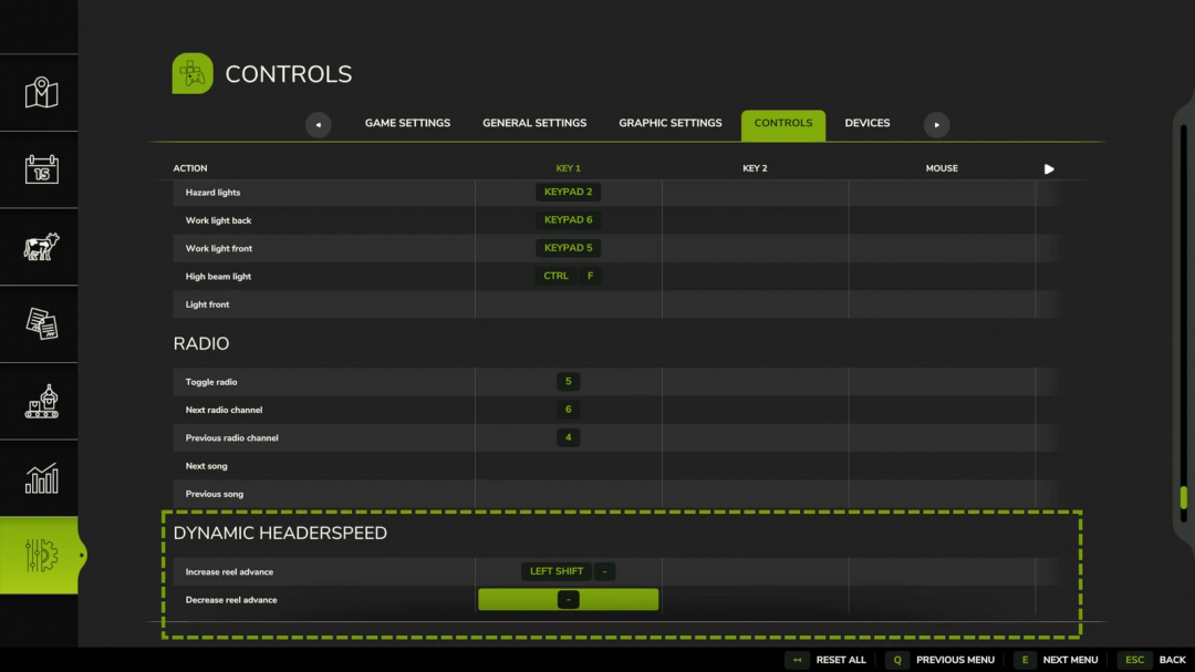 Farming Simulator 25 mod screen showing controls for Dynamic Headerspeed v1.0.0.0, including reel speed adjustments with keyboard controls.