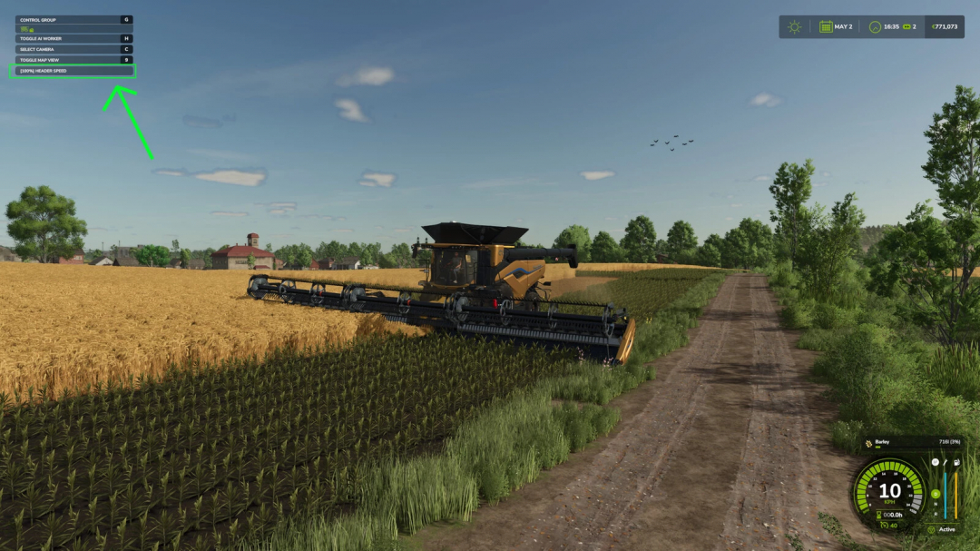 Farming Simulator 25 mod interface showing header speed control, with a combine harvester working in a field of wheat and corn, part of FS25 mods.