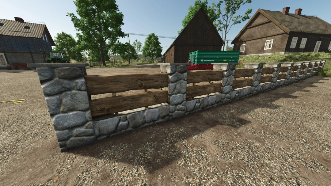 Farming Simulator 25 mod: European Fence Pack v1.0.0.0 with stone and wood fence design, perfect for farm boundaries.