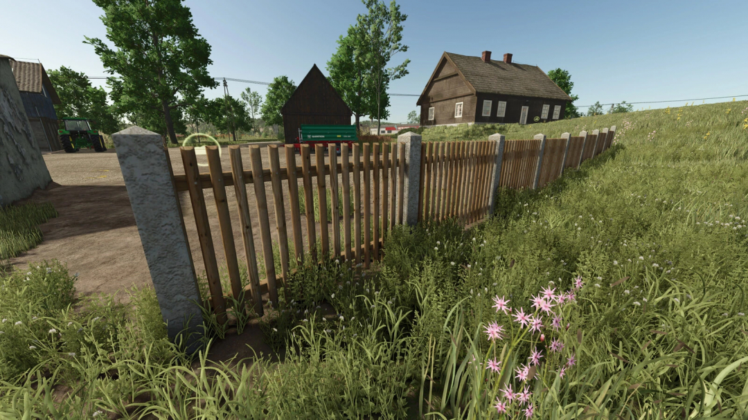 Farming Simulator 25 mod showcasing a wooden fence in a rural farm setting, part of the European Fence Pack v1.0.0.0 for FS25 mods.