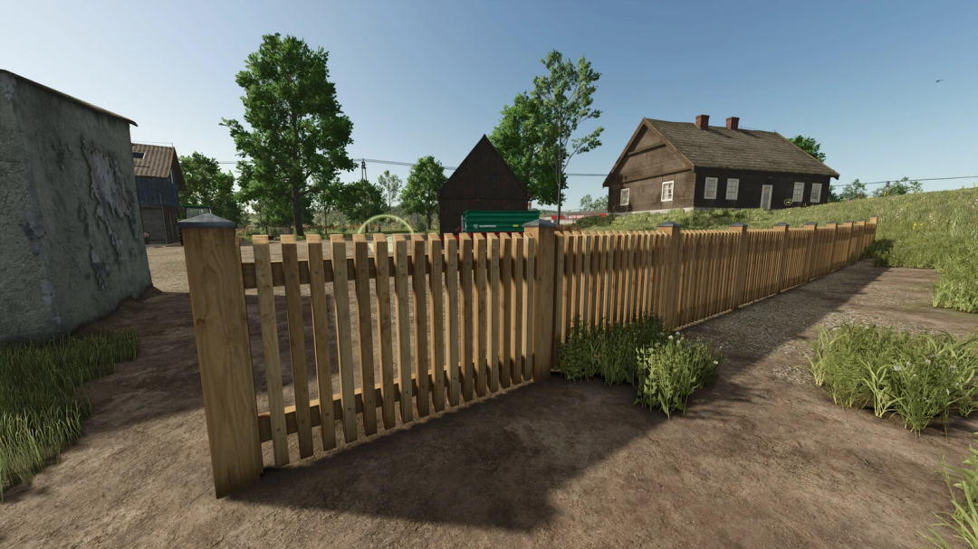 Farming Simulator 25 mod: Wooden fence line in a rural farm setting, part of the European Fence Pack v1.0.0.0 for FS25 mods.