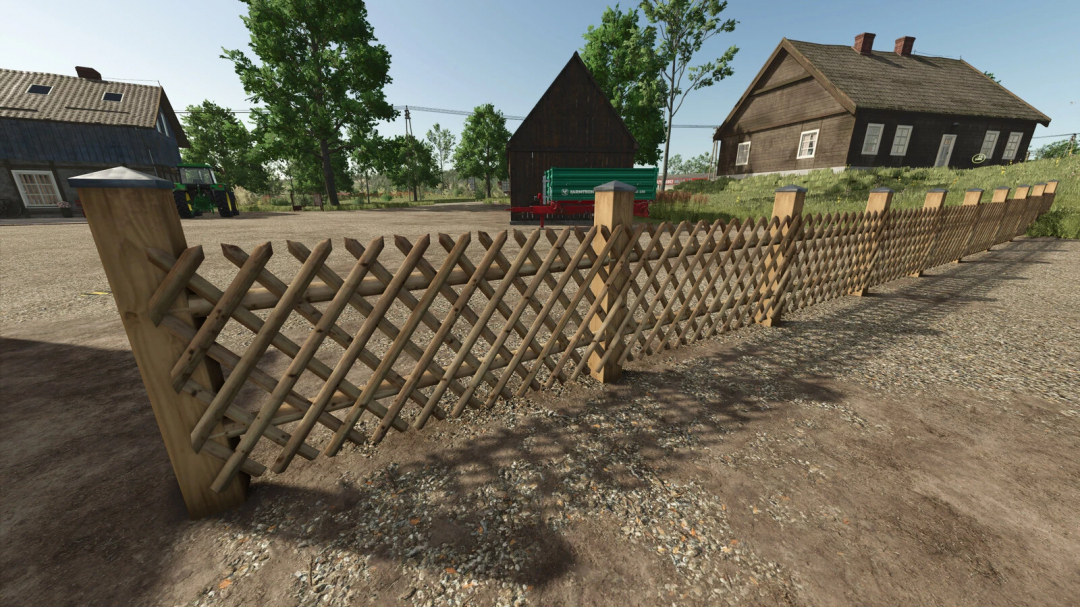 Farming Simulator 25 mod: European Fence Pack v1.0.0.0 installed on a farm with houses and tractor in the background, showcasing versatile wooden fencing.