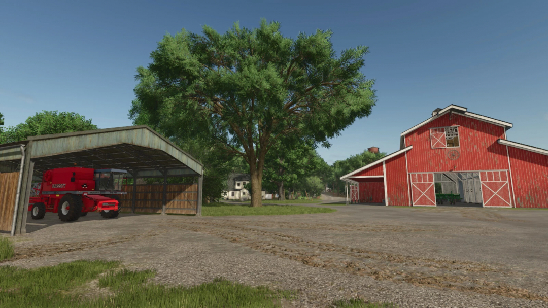 Farming Simulator 25: On a farm with a red barn, a red Massey Ferguson tractor under a shelter, and lush trees, showcasing Extended Finances mod.