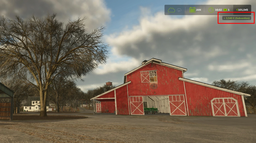 Farming Simulator 25 mod showing a red barn with extended finances and subsidy in the top right corner.