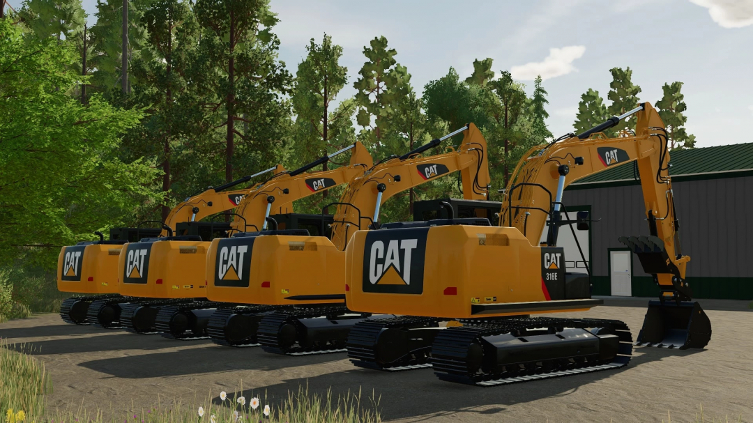 Four CAT 316E/F excavators mod from Farming Simulator 22, parked outdoors near a farm building, with green trees in the background.