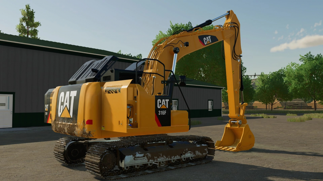 FS22 mod image of a yellow Caterpillar 316F excavator with tracked wheels, used in farming and construction, from Farming Simulator 22 mods.