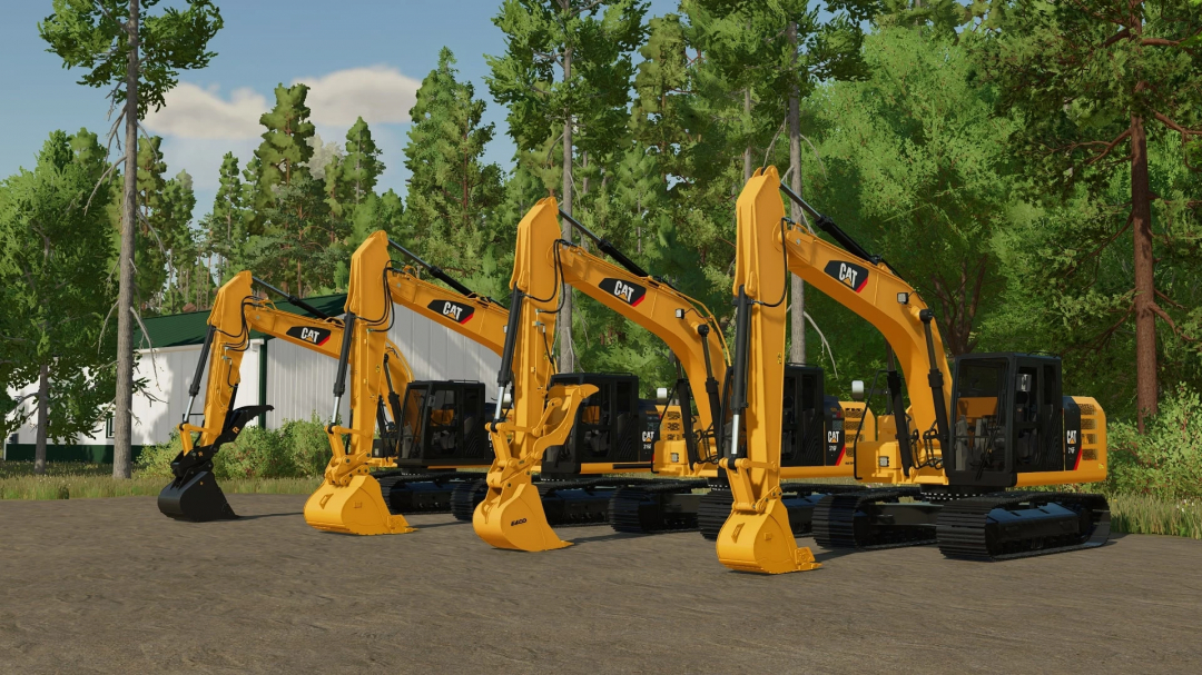 Line of four yellow CAT excavators with differing attachment tools, set on dirt ground in Farming Simulator 22, showcasing FS22 mods.