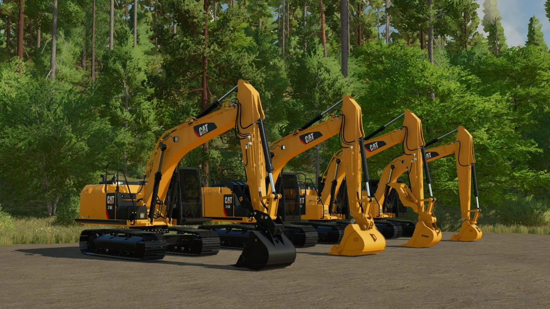 Lineup of four yellow CAT 316E excavators in Farming Simulator 22 mod, parked on a dirt surface with a forest background, part of FS22 mods.