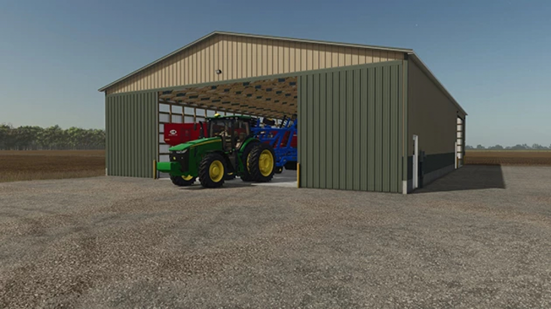 Farming Simulator 25 mod: FS25 62x100 Cold Storage Shed with tractor and equipment inside.